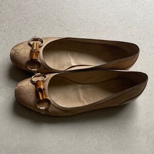 Auth Gucci Bamboo Horsebit Ballet Flats GG Canvas 8.5B